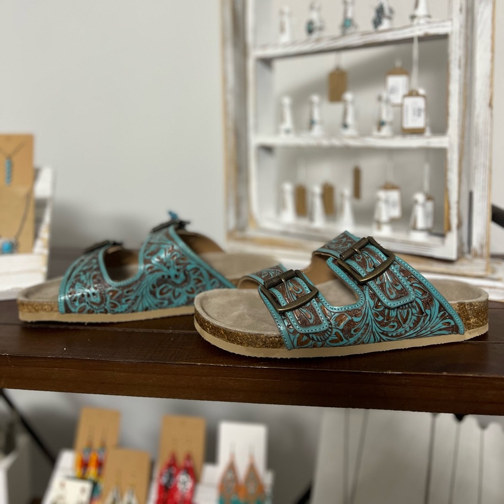 Myra Bag Hand Tooled Genuine Leather Sandals - Picture 3 of 9